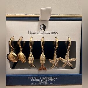 NIB House of Harlow 1960 Sea (fish, star, shell) Cubic Zirconia Brass Earrings